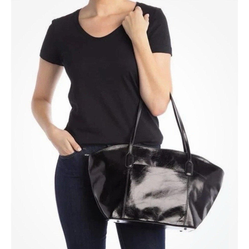 Hobo Int Patti Tote Shiny Black Leather Bag Purse Geometric Lined Zip Boho Chic